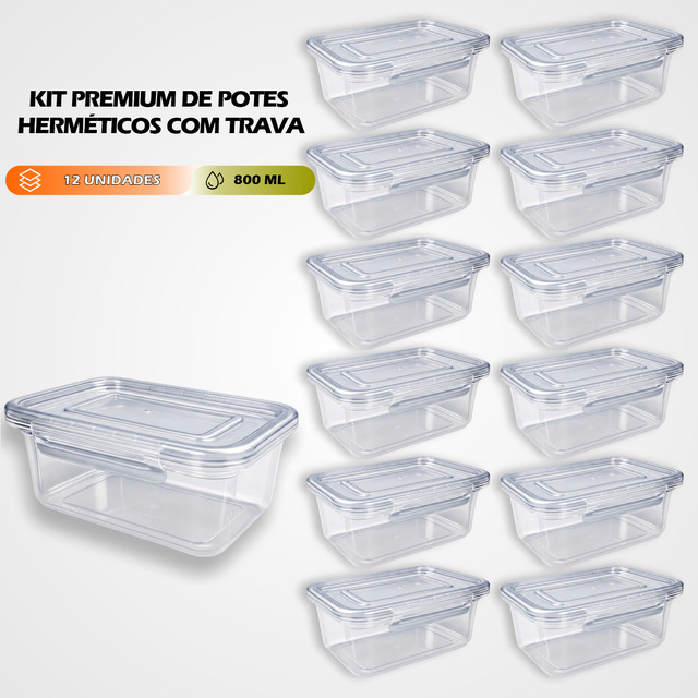 Kit 12 Marmitas 800ml Potes Trava Lateral Freezer Microondas