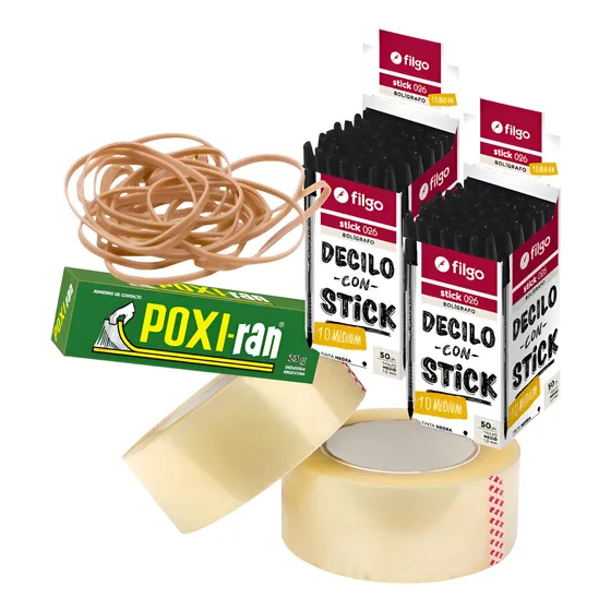 Lapiceras X100 + Bandas Elásticas + Cinta Embalar + Poxiran Tinta Negro Exterior Transparente