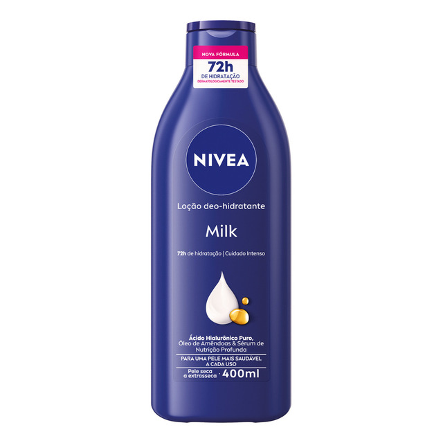 Nivea Loção Deo-hidratante Milk 400ml, Hidratação Profunda 72h, Hialurônico Puro, Corporal... Nivea Loção Deo-hidratante Milk 400ml, Hidratação Profunda 72h, Hialurônico Puro, Corporal...
