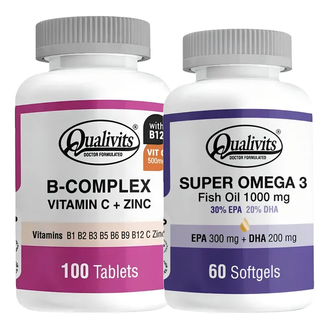 B Complex, Zinc, Vitamina C + Super Omega 3 60 Cáp Qualivits Sabor Sin Sabor