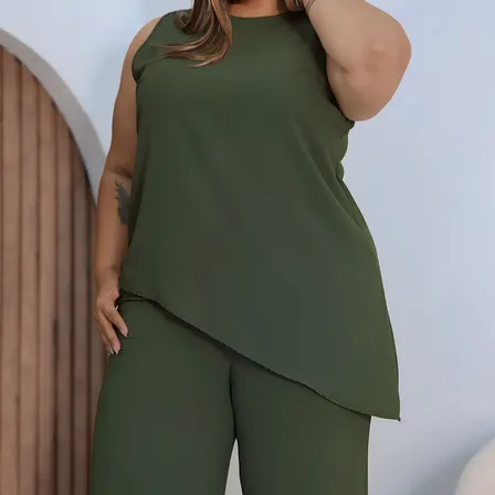 Conjunto Calça Pantalona Blusa Assimétrica Alcinha Plus Size