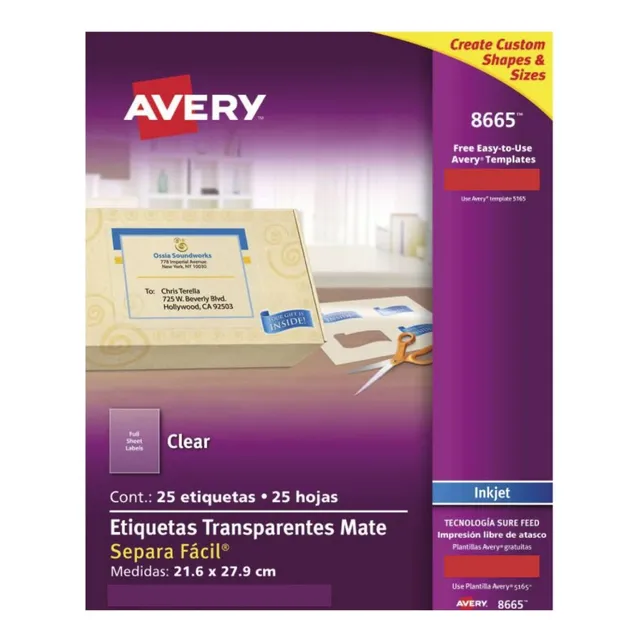 Etiquetas Traslucidas Avery 21.6 Cm X 27.9 Cm Adhesivas Mate