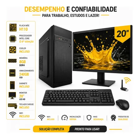 Computador Completo Pc Intel I3 6 8gb Ssd 240gb Monitor Wifi 240 Gb 8 Gb Intel Graphics