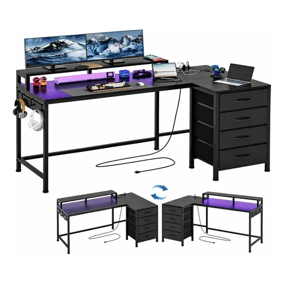 Mesa Gamer Em L Reversível Rgb Usb Com Gavetas