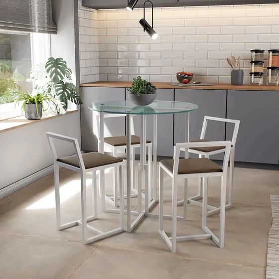 Conjunto Mesa Redonda Vidro 4 Cadeiras Pequena Estofado Cor Marrom