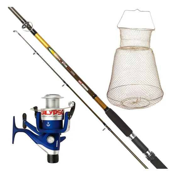 Combo Kit Pesca Caña Senna3002 Reel Cal502 Canasto Metalico Negro