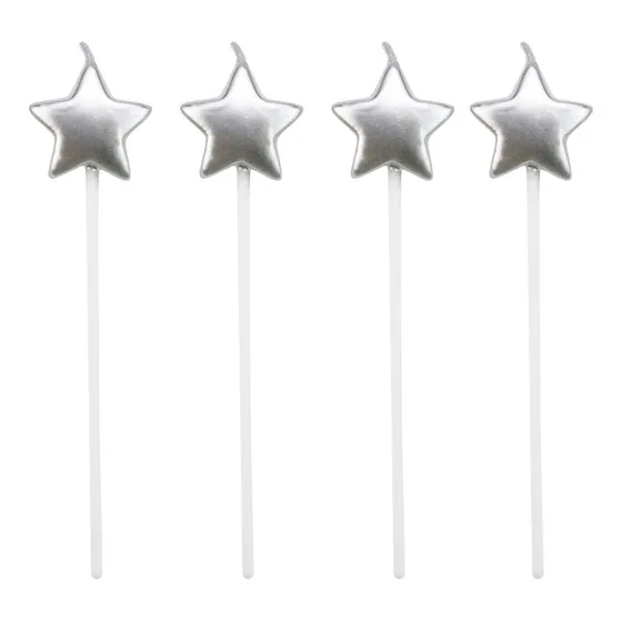Velas De Aniversário Estrela Prata 13,5cm 4unid Full