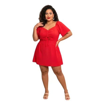 Macaquinho Plus Size Short Saia Acinturado Lastex E Drapeado Vermelho Liso G3 52-54