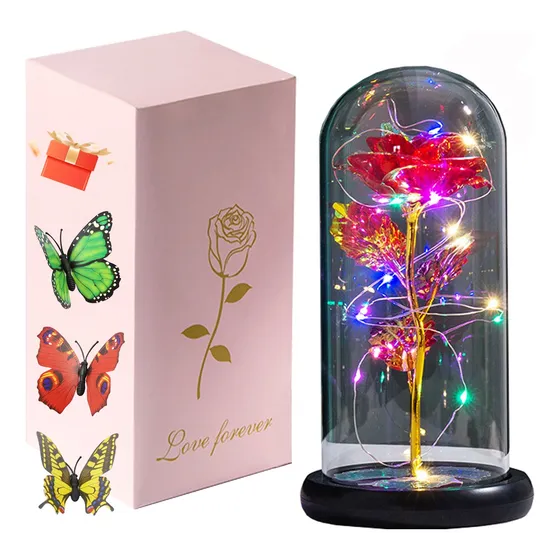 Lámpara Led Rosa Eterna Flore Cúpula De Cristal San Valentin