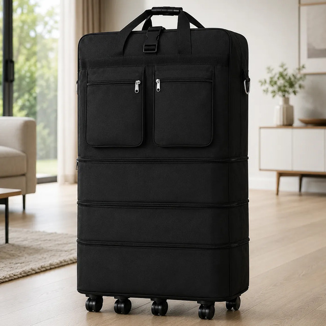 Mala de viagem preta gigante de 90cm com rodinhas, bolsos frontais com zíper e sistema expansível em um ambiente interno.
