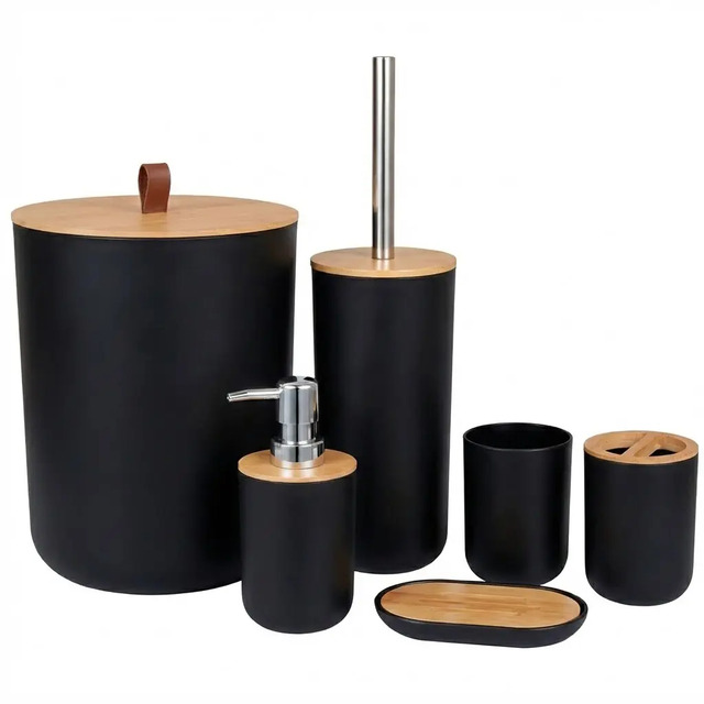 Kit Conjunto Banheiro 6 Peças Lixeira Com Tampa Bambu Plástico Organizador Decoração Lavab... Kit Conjunto Banheiro 6 Peças Lixeira Com Tampa Bambu Plástico Organizador Decoração Lavab...