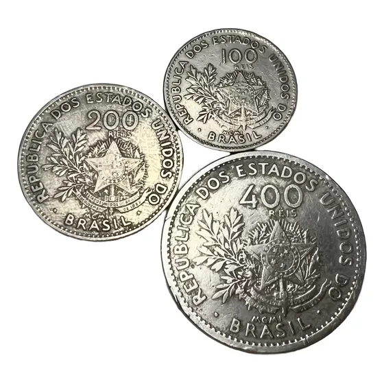 Lote 3 Moedas Antigas De 100, 200 E 400 Réis De 1901