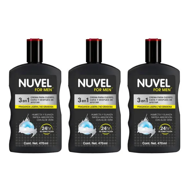 3 Cremas Corporal Nuvel For Men 3 En 1, 470ml.