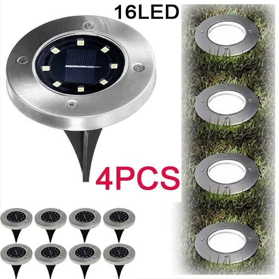 Pack 4 Focos Solares Jardín Estaca De 8 Led Tipo Embutido Estructura Blanco E-5 P-2