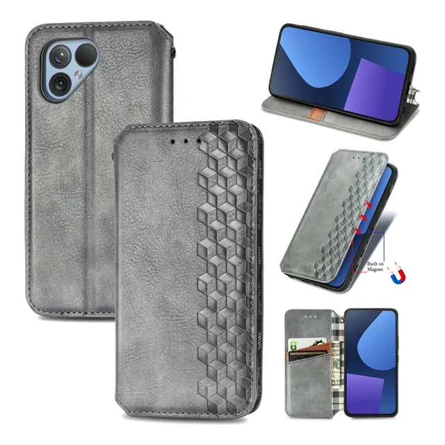 Funda De Piel Prensada Con Rejilla Gris Para Fairphone 5