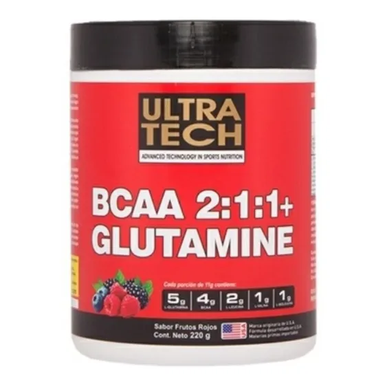 Aminoacidos Bcaa 2:1:1 + Glutamine Ultra Tech X 220 G Aminoácidos Esenciales Bcaa + Glutamina Sabor Frutos rojos