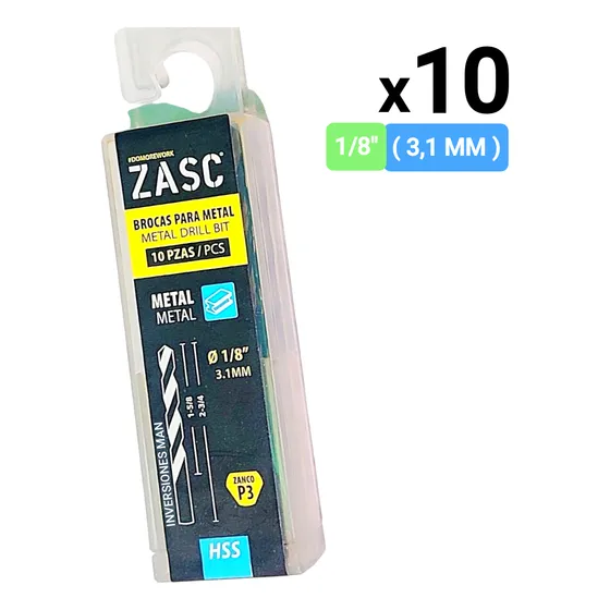 Mecha Broca Para Metal 1/8 3.1 Mm Alta Resistencia X 10 Pzs