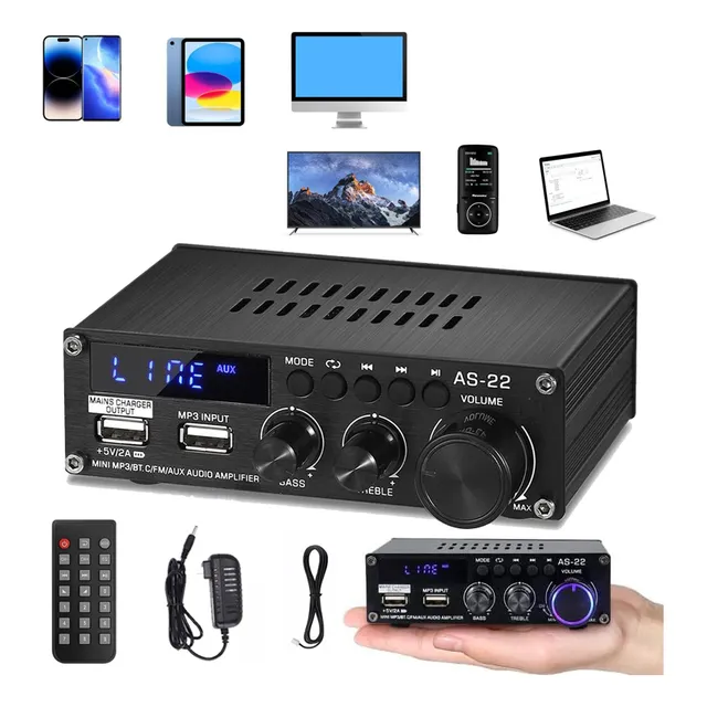 Amplificador Estéreo Bluetooth Audio Casa/automóvil Mini 2 Canales Fm Rca/usb Hifi Subwoofer Alta Fidelidad Alta Eficacia Multi-interfaz Pantalla Led Con Fuente De Alimentación
