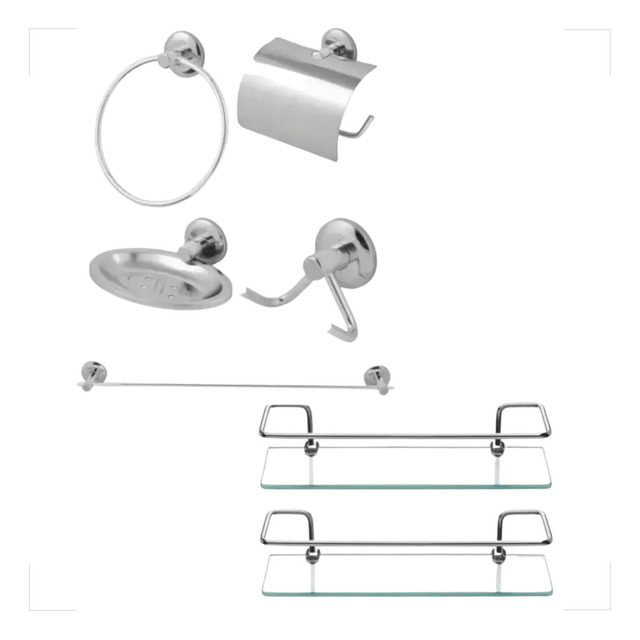 Kit Acessórios Banheiro Inox Lavabo + 2 Porta Shampoo Conjunto Com 7 Pecas Kit Acessórios Banheiro Inox Lavabo + 2 Porta Shampoo Conjunto Com 7 Pecas