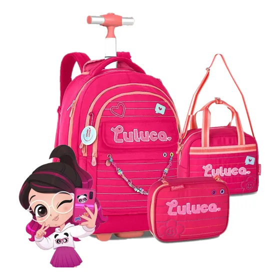 Mochila Rodinhas Lancheira Estojo Luluca Miçangas Clio Cor Rosa