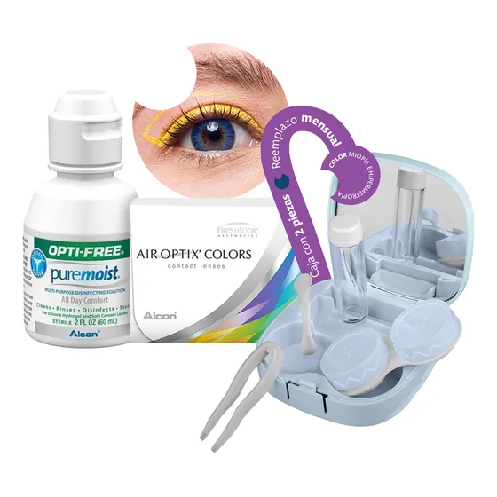 Lentes De Contacto Alcon Air Optix Colors | Color Azul Sin Graduación | Kit Optioutlet Incluye Estuche Con Espejo Y Solución De 60ml | Pupilentes De Colores Naturales De Duracion Mensual
