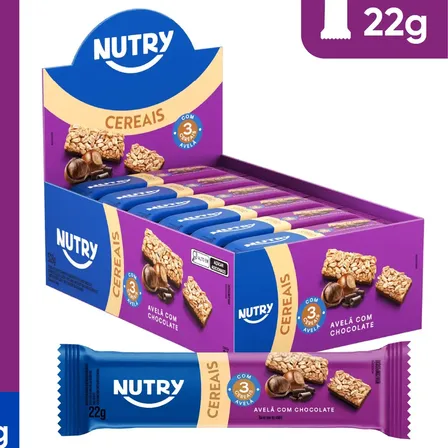 Barra de Cereais Nutry Avelã com Chocolate 22g - Display Com 24 Unidades - Com 3 Cereais e Avelã