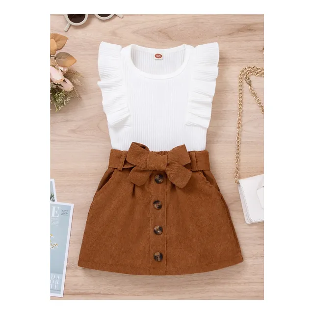 Shein Niñas Top Ribete Con Fruncido & Falda Con Botón Falso