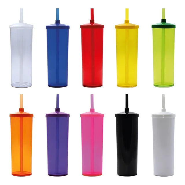 Vasos Trago Largo Colores Sólidos Y Translúcidos Con Tapa 