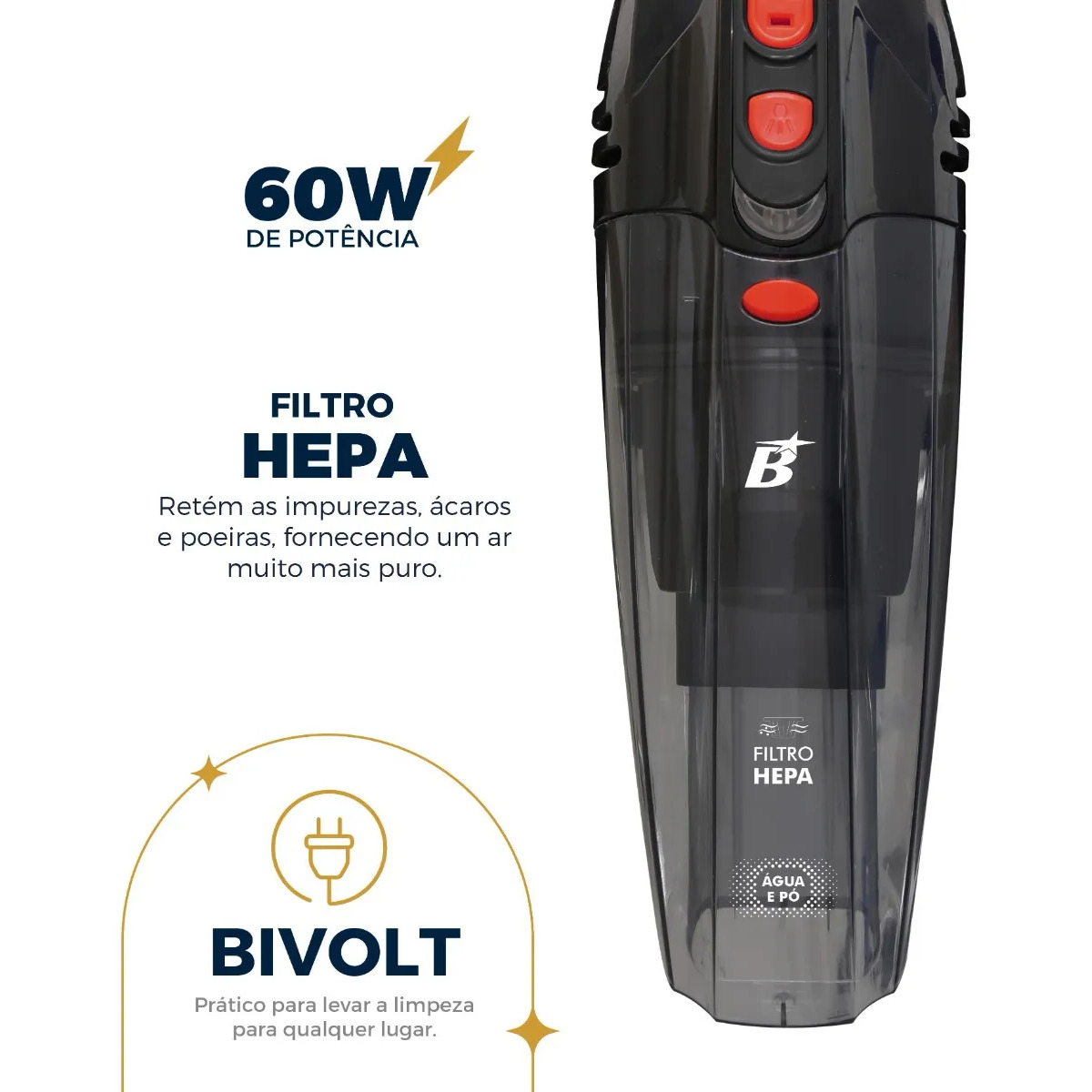 Aspirador De Pó Portátil Bas01 Pó E Água Bivolt 60w Britânia Cinza Aspirador De Pó Portátil Bas01 Pó E Água Bivolt 60w Britânia Cinza