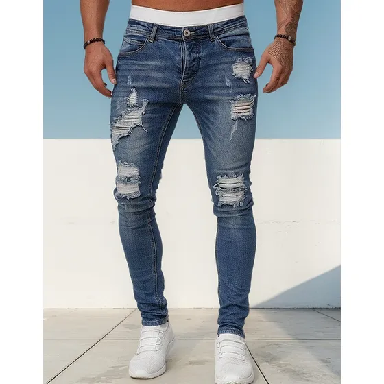 Pantalones Elásticos De Jean De Agujero De Moda Para Hombres