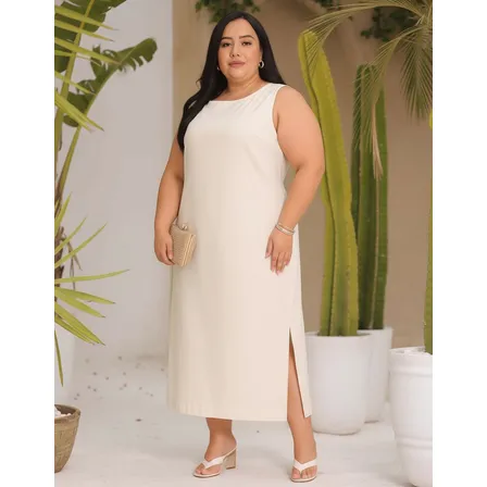 Vestido Feminino Linho Regata Plus Size Com Bolsos Elegante