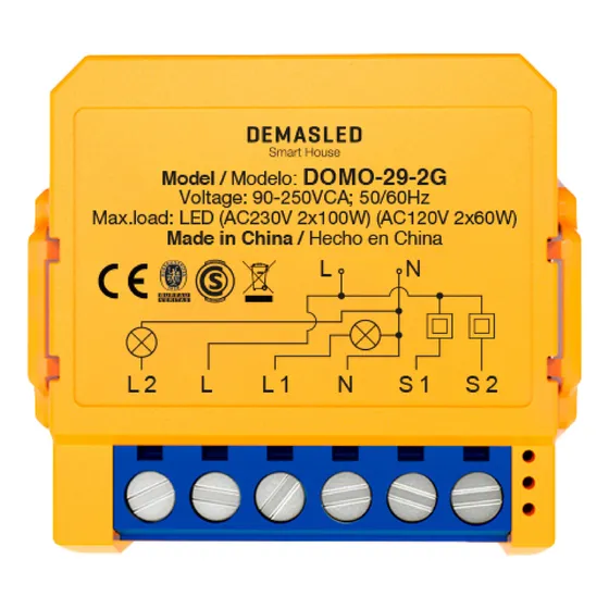 Interruptor Control Dimmer Inteligente Para Leds E Iluminación Wifi Inteligente 2 Salidas Ac220v Ip20 Demasled