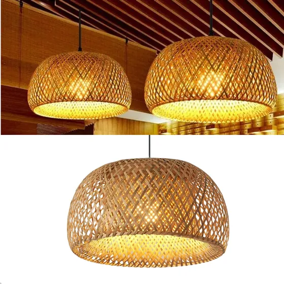 Lustre Luminaria Pendente Rústico Bambu Palha Palhinha Fibra trançada Orgânica Artesanal Feito A Mão Redondo 45cm Decoração casa sitio restaurante moderno 127/220v Completo c/ lampada Casa Attract