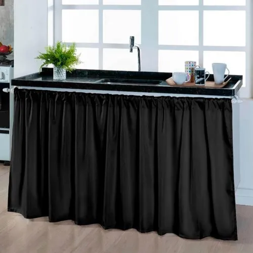Cortina Pra Pia De Cozinha Blackout Preta 1,38x0,80m Liso - Marianopole
