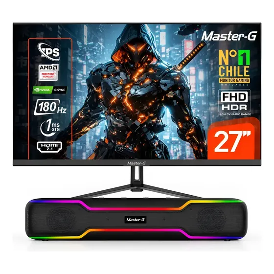 Kit Master-g: Monitor Gamer 27'' Fhd Ips Hdr 180hz 1ms Negro + Soundbar Gamer Bluetooth Rgb 20w Negro