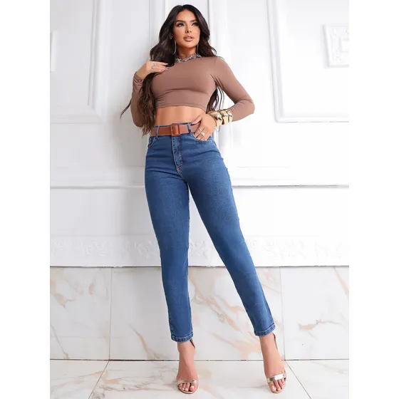 Calça Jeans Mom Com Lycra Cintura Alta Modela Afina Cintura
