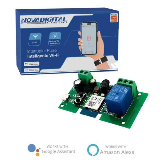 Interruptor Inteligente Pulso Wi-fi e RF433MHz NovaDigital PND-1C-RF Entrada 7v a 32v Ideal Para Portão De Garagem e Fechadura Compatível Com Tuya, Alexa, Smart Life E Google Assistente