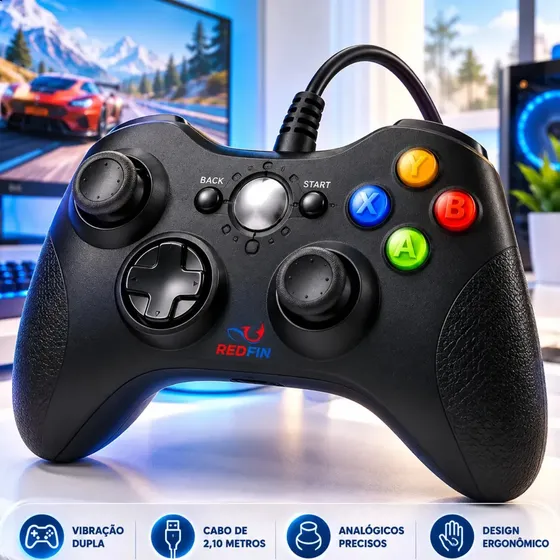 Controle Para Xbox 360 Com Fio USB Joystick Manete Gamepad Controle PC Gamer Para Computador Windows Steam Game Pass Android Gamepass TV Vibração Analógico Ergonômico Plug And Play Redfin
