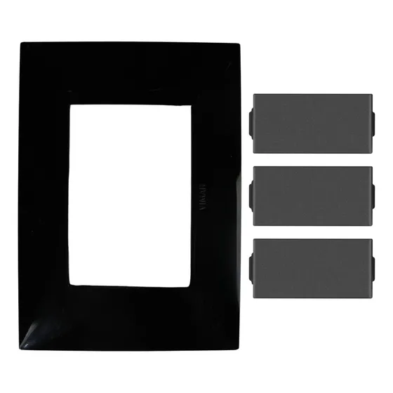 Placa Negra Con Apagador Sencillo Y 2 Módulos Ciegos Vimar