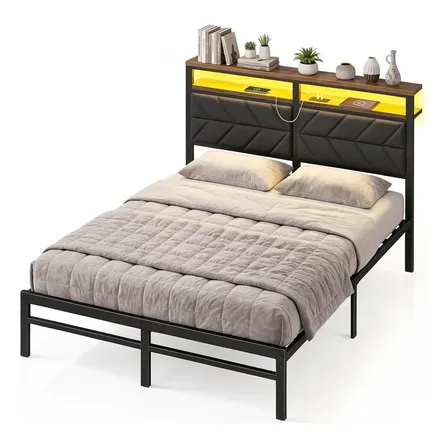 Estrutura De Cama Metal Casal Com Cabeceira Estofada E Led Preto Hot Wheels