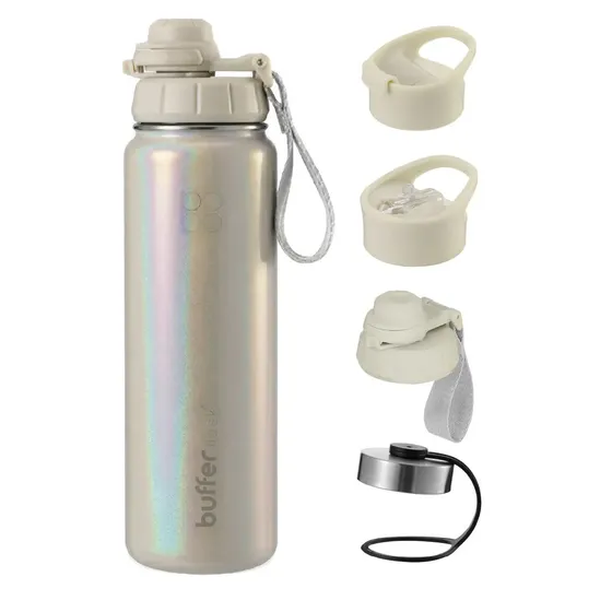 Termo Botella Agua Buffer 700ml Acero Inoxidable + 4 Tapas - Color Glitter Ivory