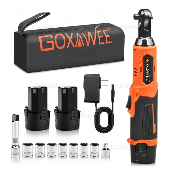 Goxawee® Llave De Impacto Inalambrico 3/8 , Matraca Eléctricas 46n.m, Trinquete Electrico 1500mah Batería*2, Velocidad Regulable Sin Escalonamiento, Con 7 Vasos Y Bolsa De Transporte