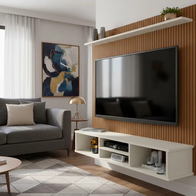 Painel Clique Móveis Tv 50 Ripado 3d Off White Com Nichos Painel Clique Móveis Tv 50 Ripado 3d Off White Com Nichos