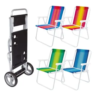 Kit Carrinho De Praia Com Avanço + 4 Cadeiras De Praia Aço Kit Carrinho De Praia Com Avanço + 4 Cadeiras De Praia Aço