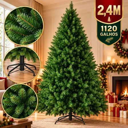 Árvore de Natal Gigante 240cm 1120 Galhos Pinheiro Verde Cheia Artificial Decorativa Premium com Base Metálica Reforçada Fácil Montagem Bem Cheia para Sala Casa Loja Carinho Na Barriga