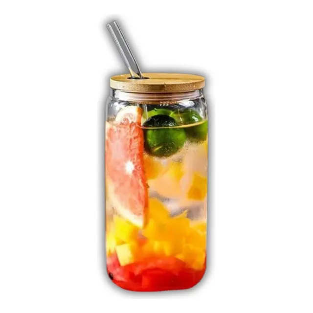 Vaso De Vidrio Con Tapa De Bambú Y Pajita 500ml