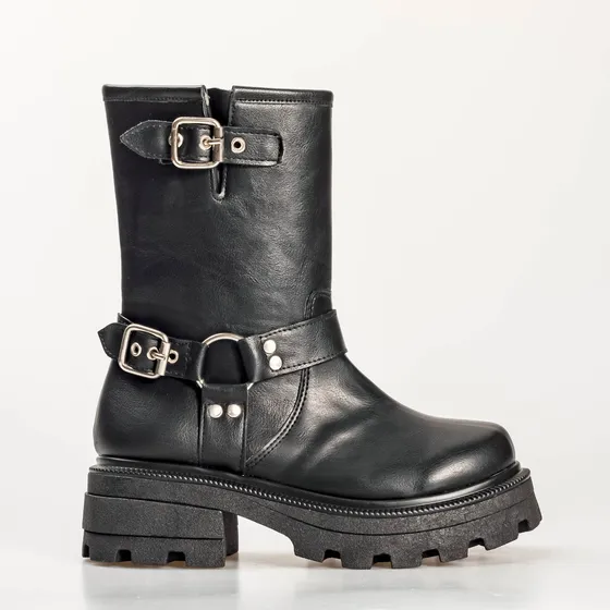 Bota Mujer Caña Media Eco Cuero Con Cierre Y Hebilla