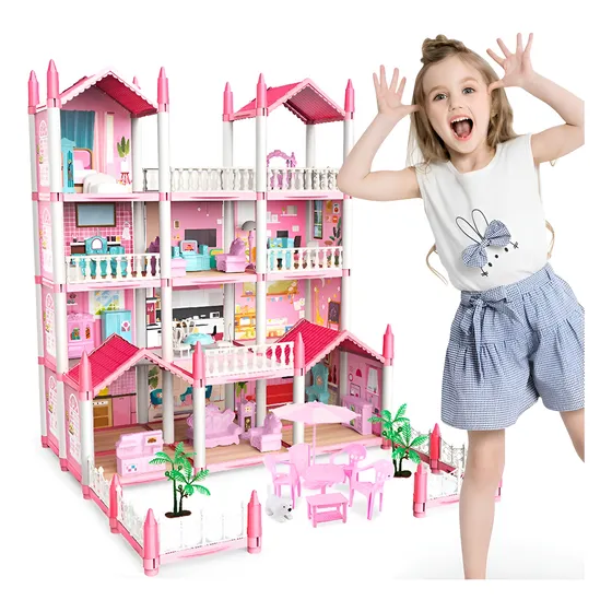 Casa De Muñecas Rosa Castillo De Princesa Con Muebles Y Led Color Rosado