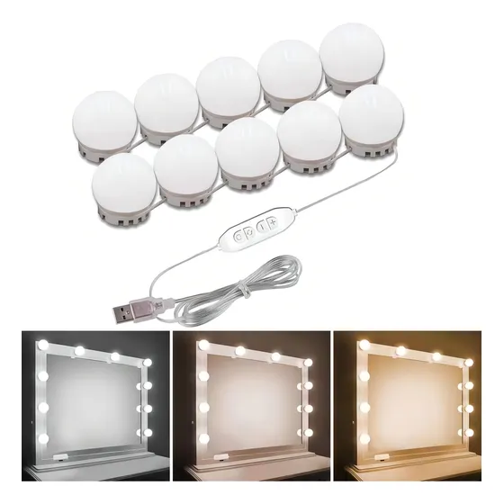 Luz De Espelho Com Led Camarim Maquiagem 10 Lampadas 3 Cores