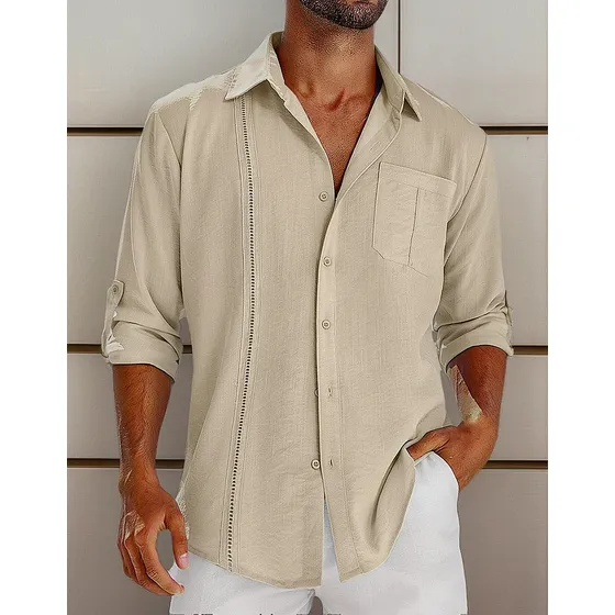 Camisa De Lino De Manga Larga Guayabera For Hombre Con Bo